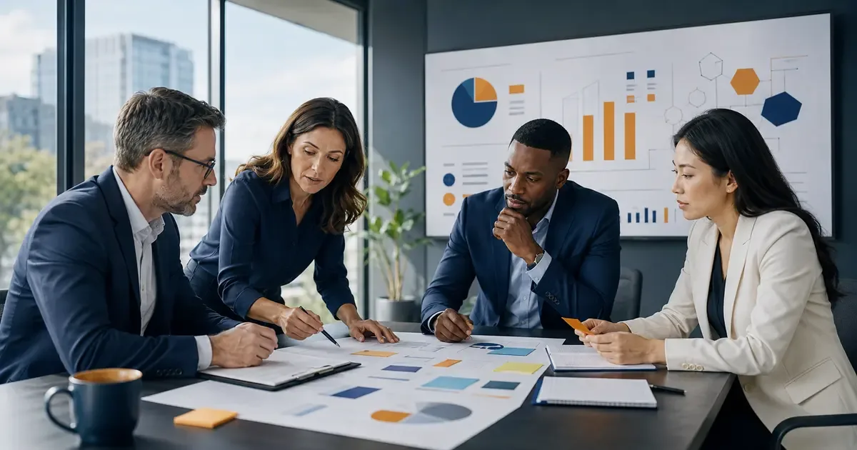 Comité de direction analysant une carte stratégique, des graphiques et des notes de planification autour d'une table moderne
