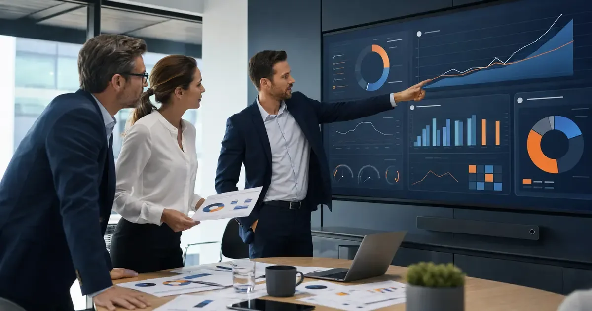 Managers comparant un tableau de bord équilibré, des tendances de résultats et une feuille de route opérationnelle