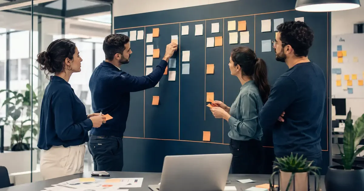 Équipe agile réunie devant un tableau Scrum avec cartes visuelles sans texte lisible et cycle d'itération