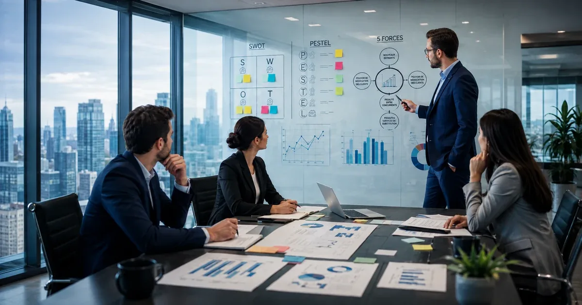 Responsables réalisant un diagnostic stratégique à l’aide des outils SWOT, PESTEL et des cinq forces de Porter.