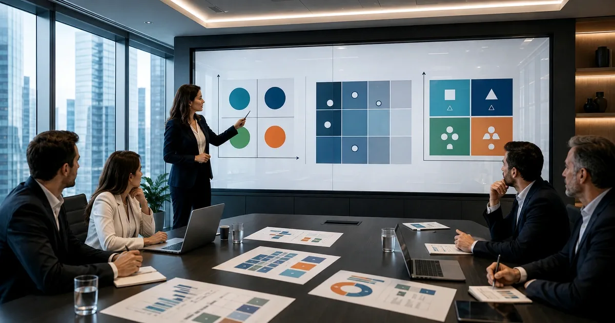 Comité de direction comparant plusieurs options de croissance à partir de matrices d’analyse stratégique.