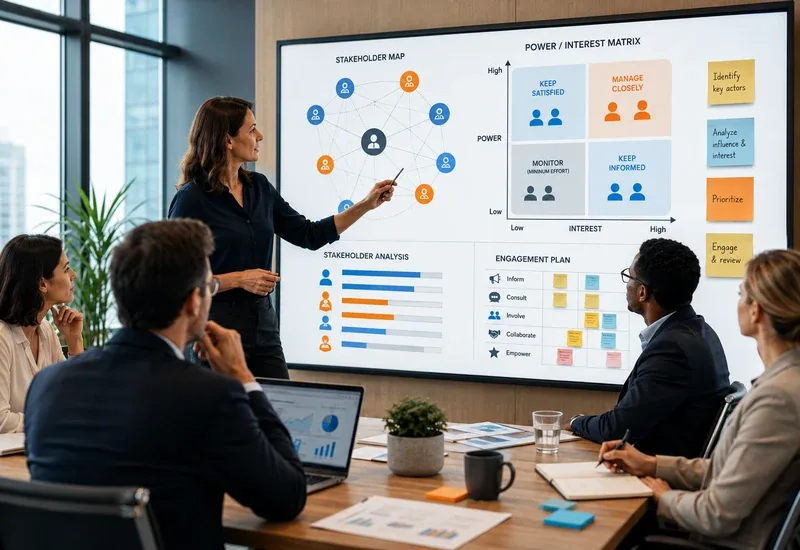 Équipe de professionnels analysant une cartographie des parties prenantes et une matrice pouvoir-intérêt lors d’un atelier de stratégie d’engagement.