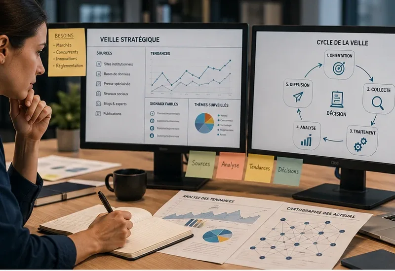 Professionnelle analysant des sources, tendances et signaux faibles dans le cadre d’un dispositif d’intelligence économique et de veille stratégique.