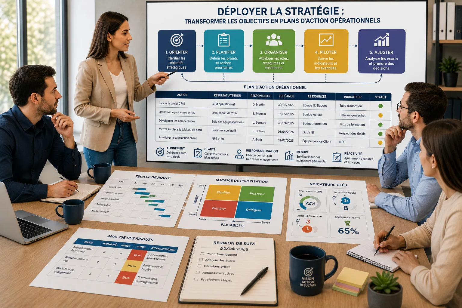 Équipe de responsables transformant des objectifs stratégiques en plans d’action opérationnels avec priorités, responsabilités, échéances, risques et indicateurs de suivi.