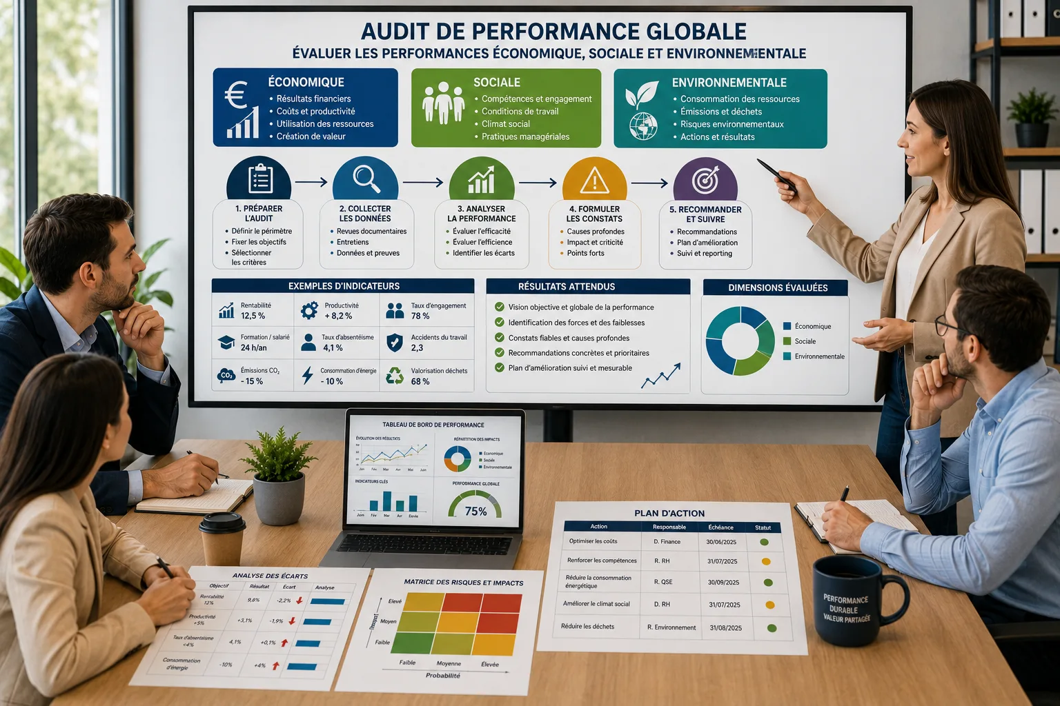 Équipe de professionnels réalisant un audit de performance globale à partir d’indicateurs économiques, sociaux et environnementaux, avec analyse des écarts et plan d’amélioration.
