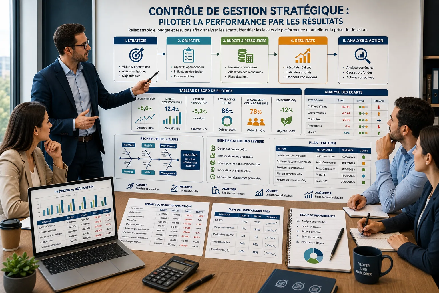 Équipe de responsables analysant budget, indicateurs, écarts et résultats afin d’identifier les leviers de performance et de piloter les actions correctives.